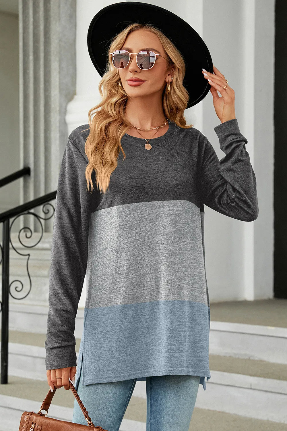 Color Block Round Neck Long Sleeve T-Shirt – Trendsi | ClozArt