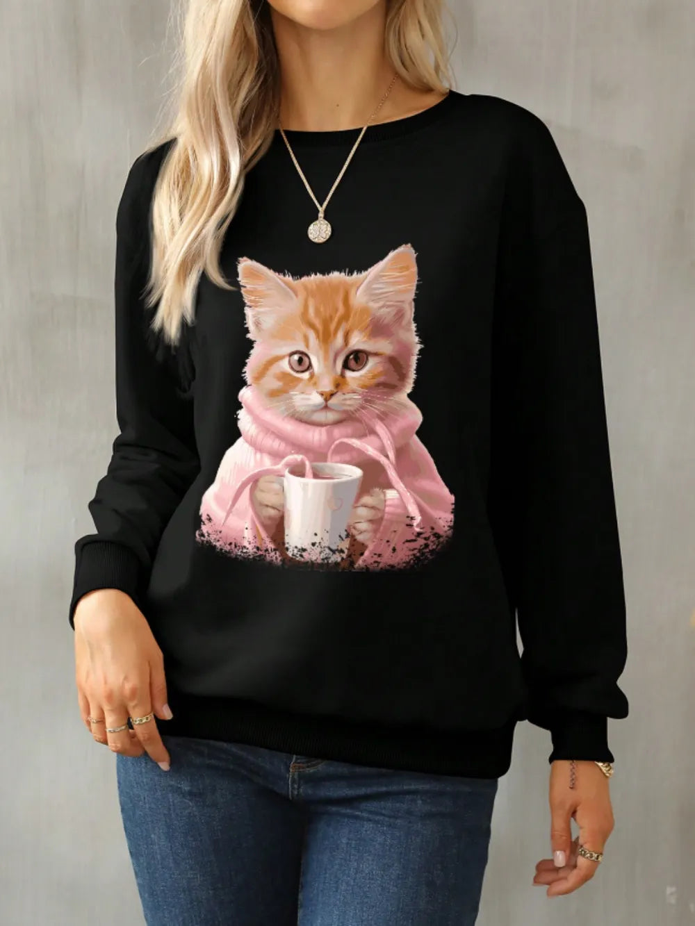 Cat Round Neck Long Sleeve Sweatshirt – Trendsi | ClozArt