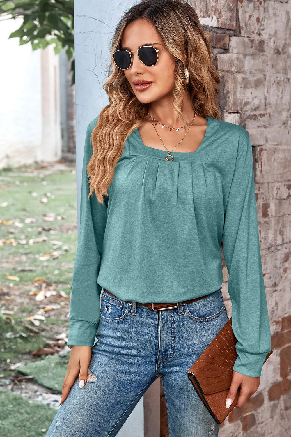 Ruched Square Neck Long Sleeve T-Shirt – Trendsi | ClozArt