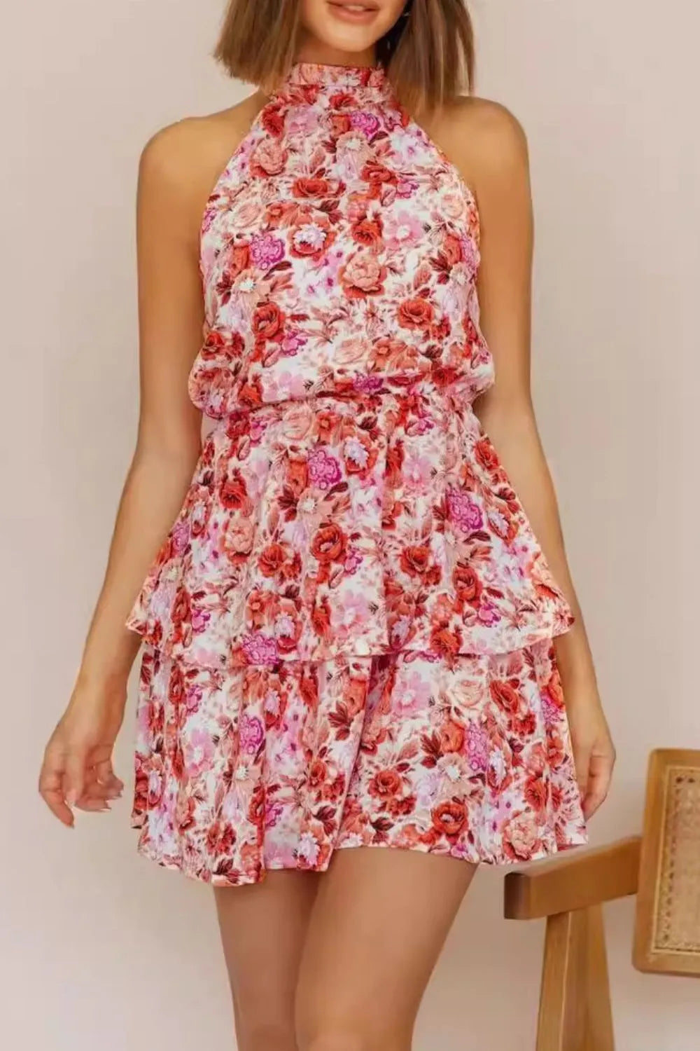 Floral Halter Neck Mini Dress – Trendsi | ClozArt