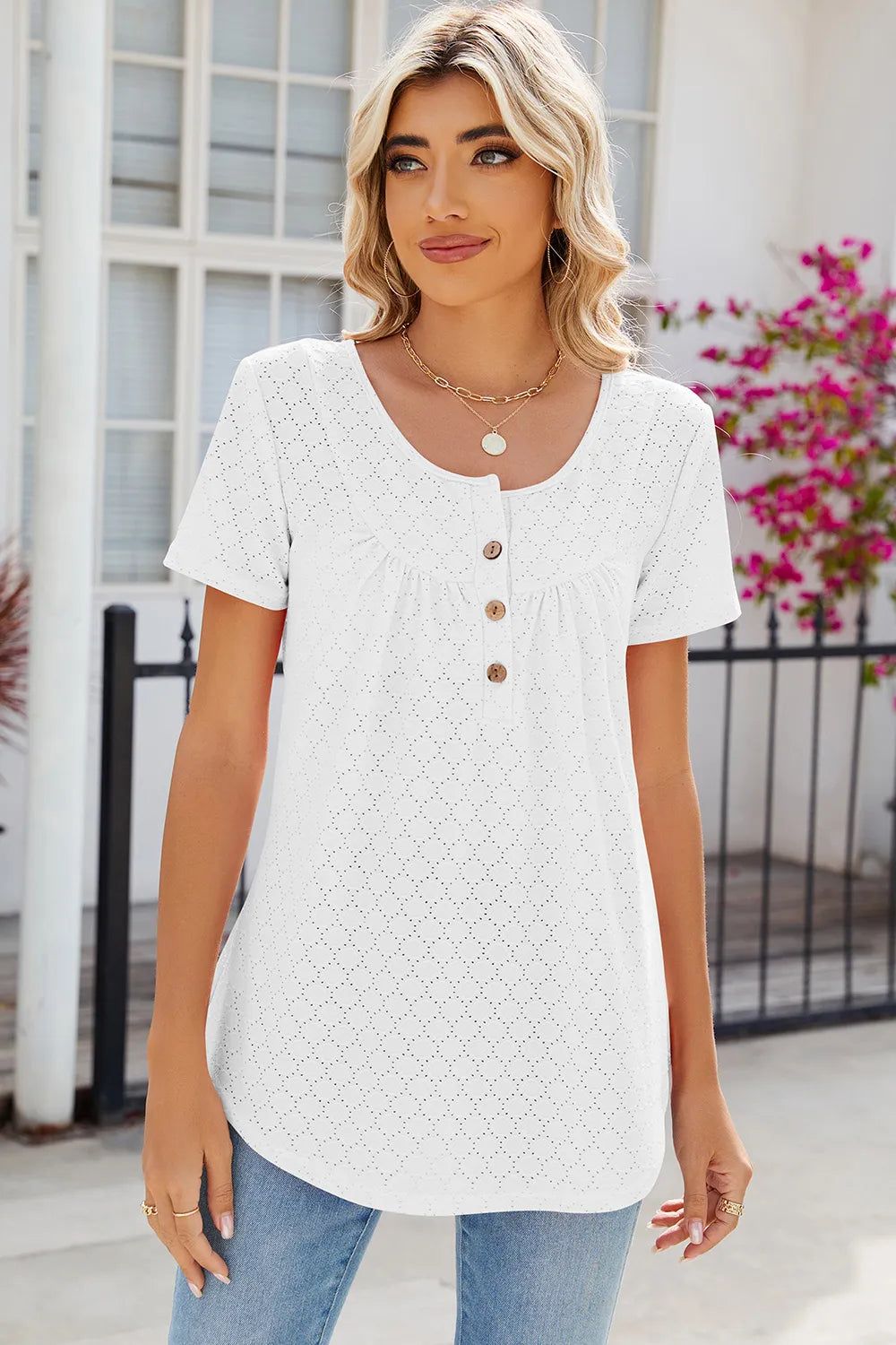 Eyelet Quarter Button Short Sleeve T-Shirt – Trendsi | ClozArt