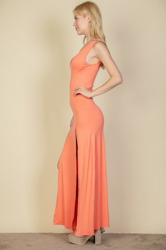Plunge Neck Thigh Split Dress – Capella | ClozArt