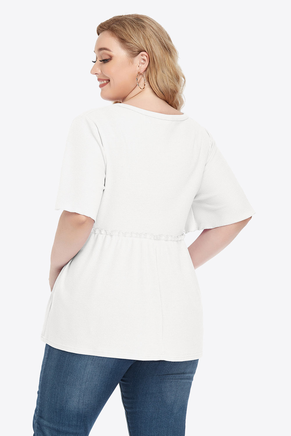 Plus Size Buttoned V-Neck Frill Trim Babydoll Blouse – Trendsi | ClozArt