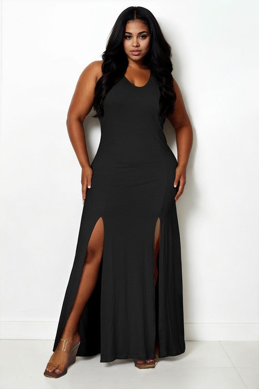 Plus Size Plunge Neck Thigh Split Maxi Dress – Capella | ClozArt