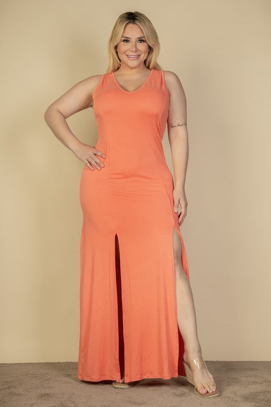 Plus Size Plunge Neck Thigh Split Maxi Dress – Capella | ClozArt