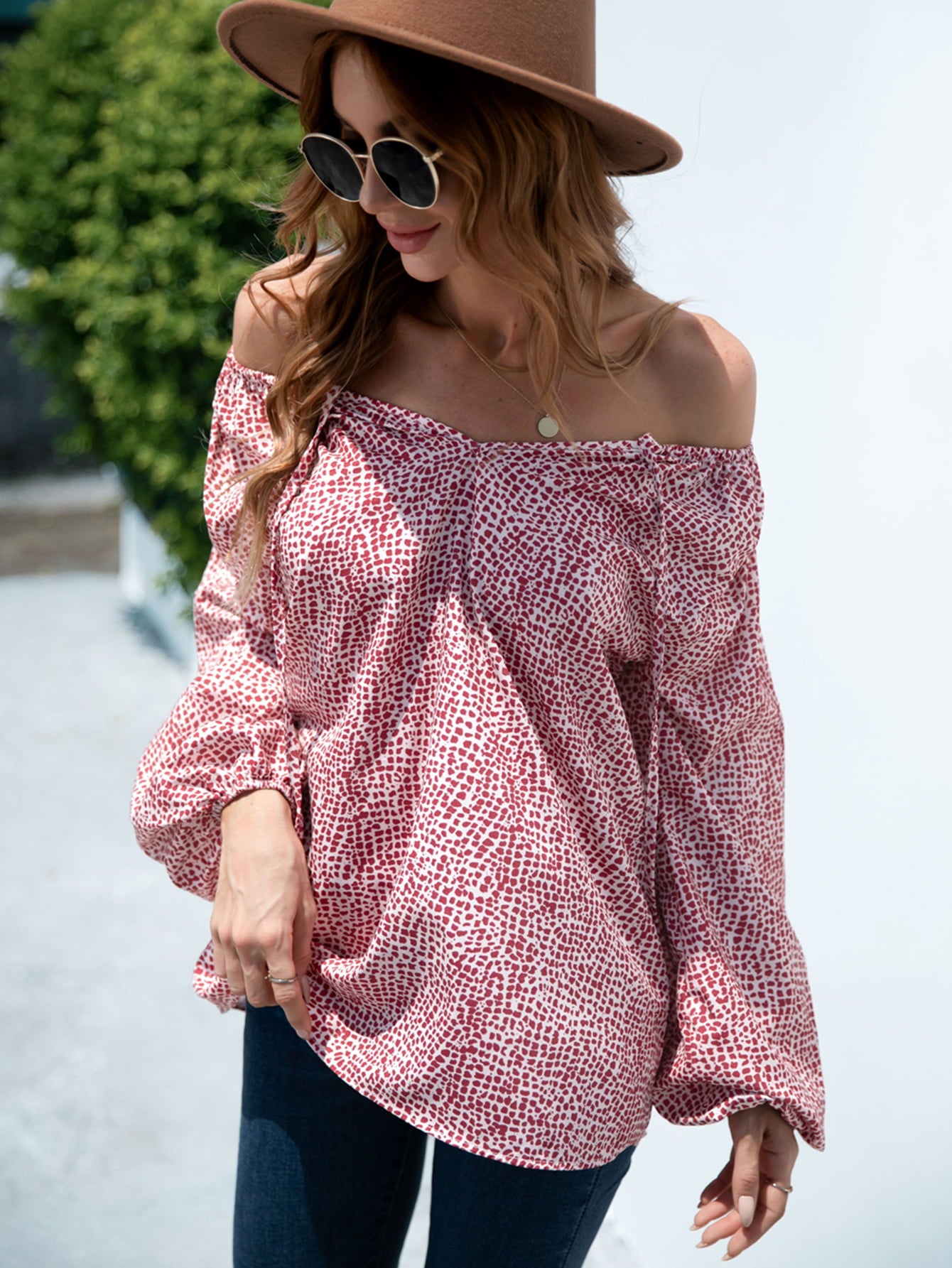 Printed Tie-Neck Balloon Sleeve Blouse – Trendsi | ClozArt