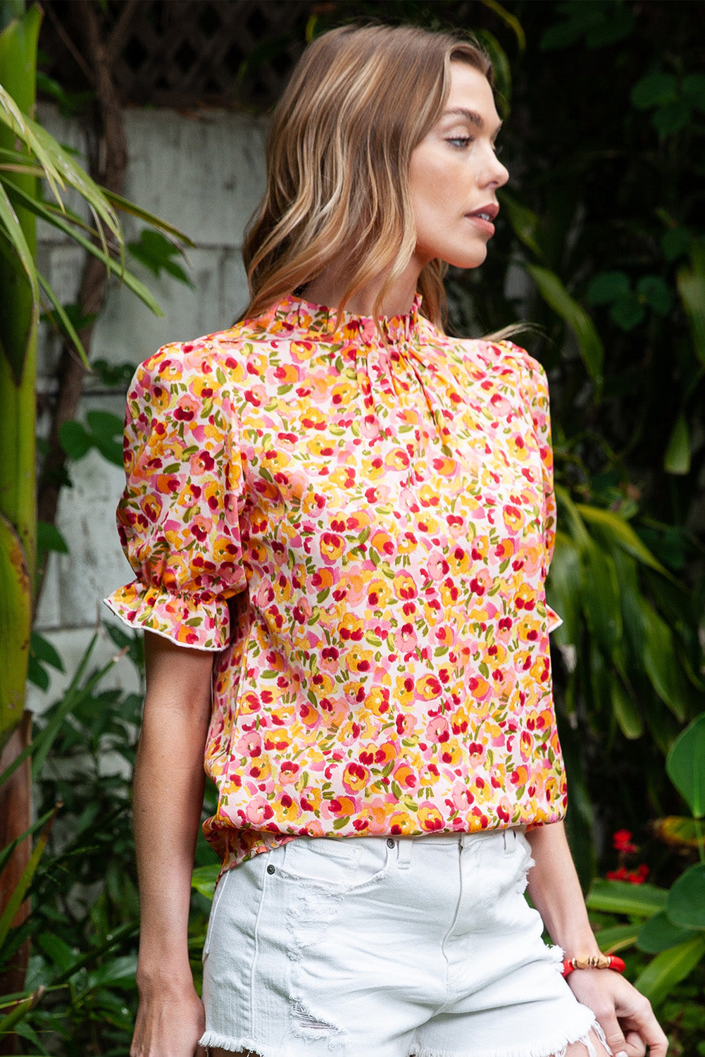 Floral Puff Sleve Keyhole Blouse – Trendsi | ClozArt