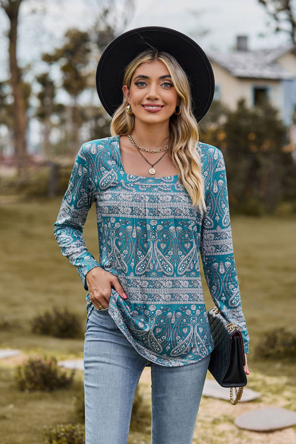 Printed Square Neck Long Sleeve Blouse – Trendsi | ClozArt