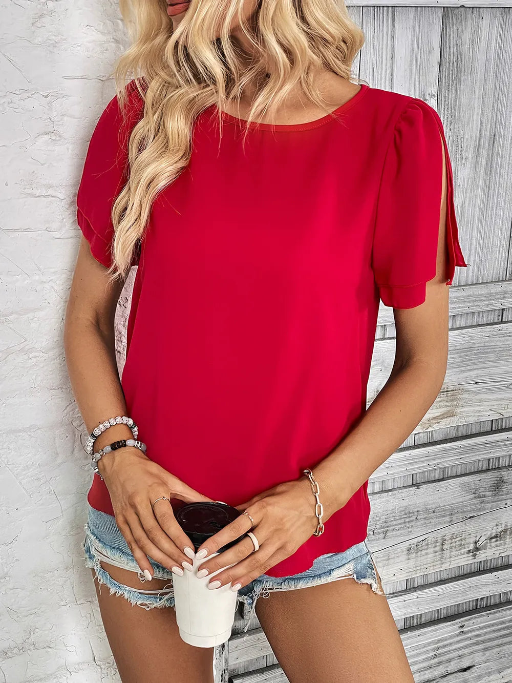 Perfee Round Neck Slit Short Sleeve Top – Trendsi | ClozArt