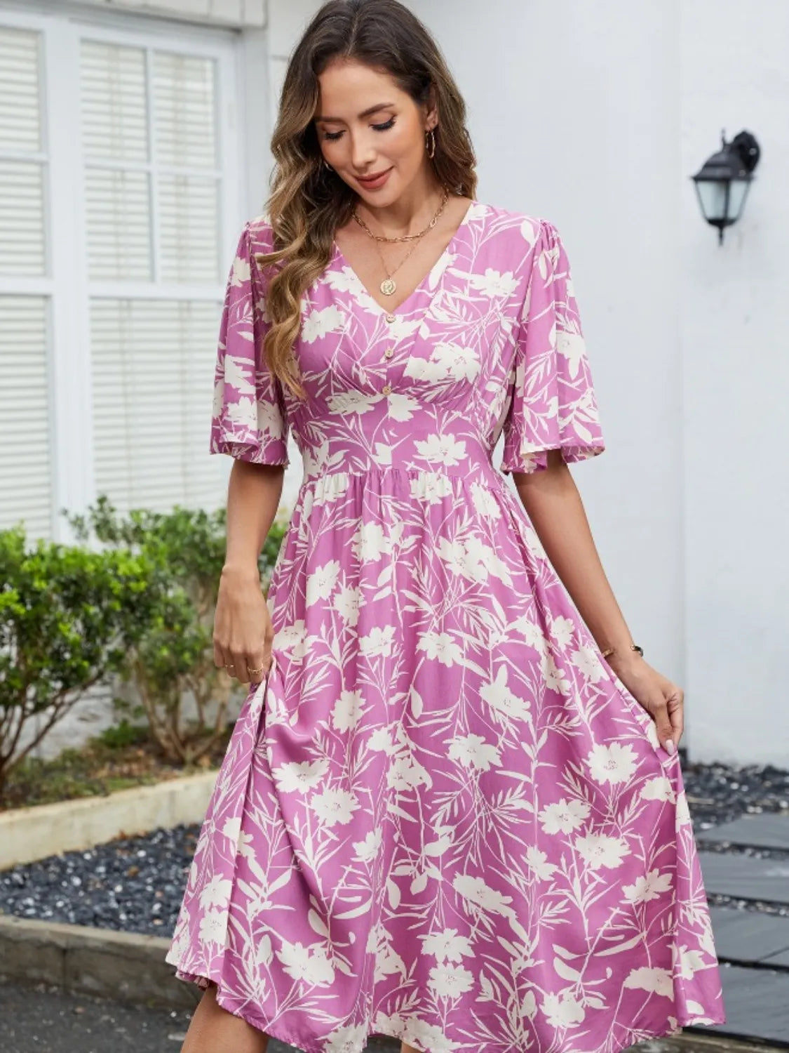 Printed V-Neck Flutter Sleeve Dress – Trendsi | ClozArt