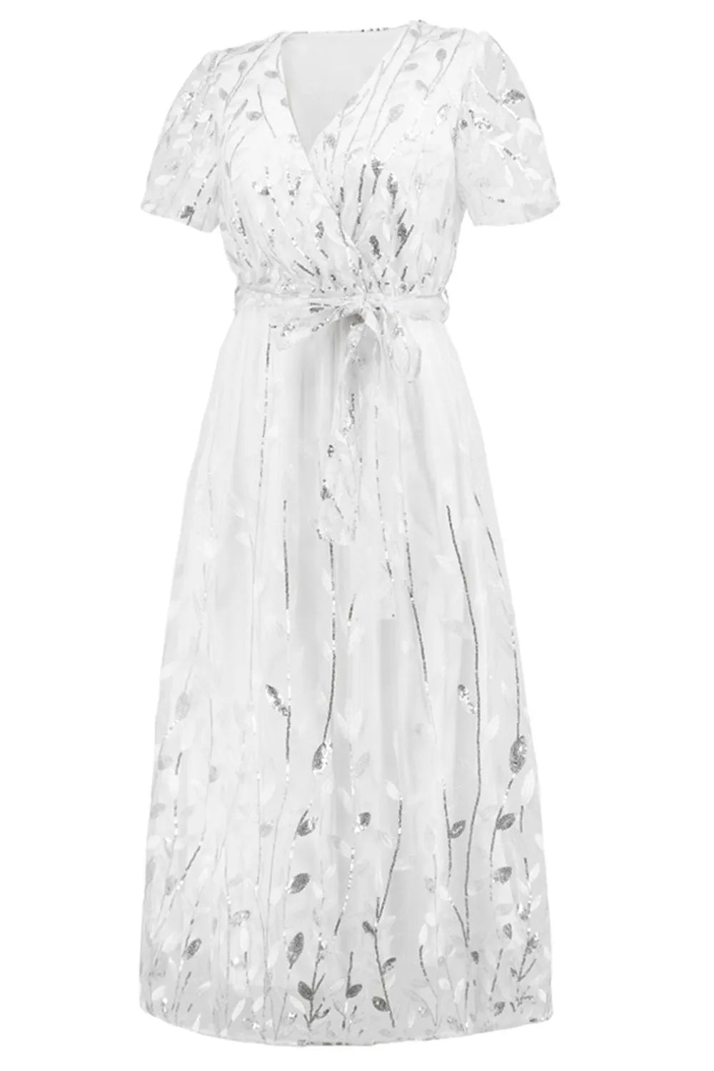 Sequin Leaf Embroidery Tie Front Short Sleeve Dress – Trendsi | ClozArt