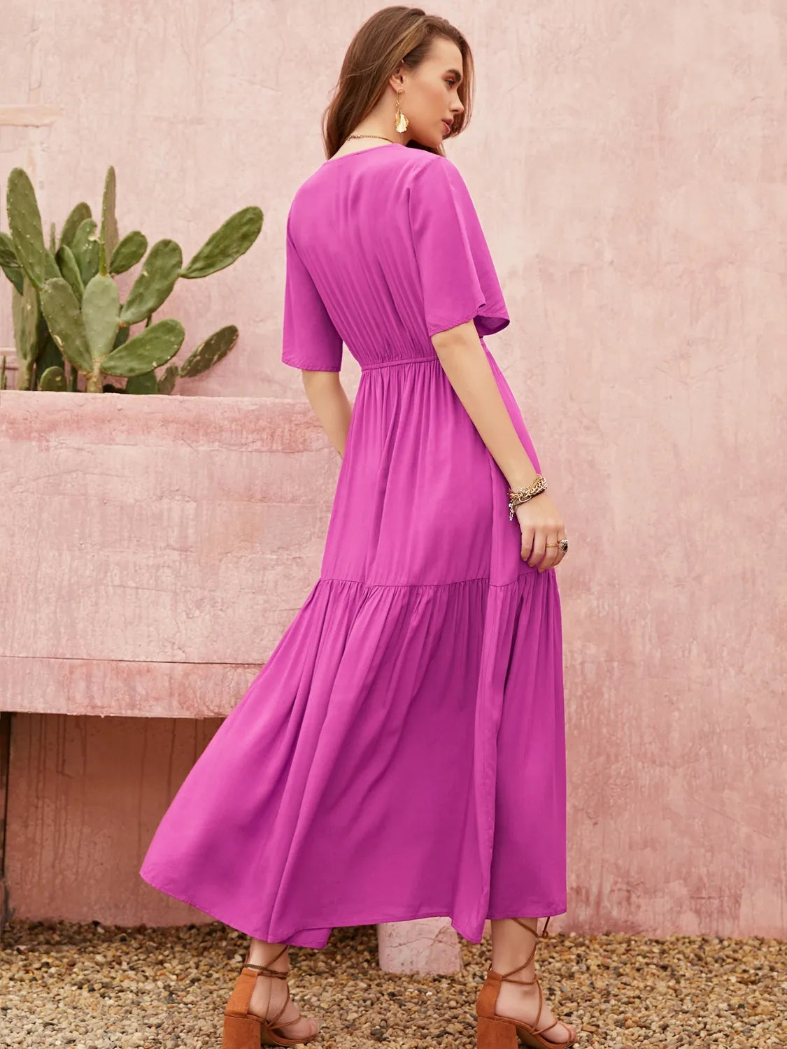 Lace Detail V-Neck Short Sleeve Midi Dress – Trendsi | ClozArt