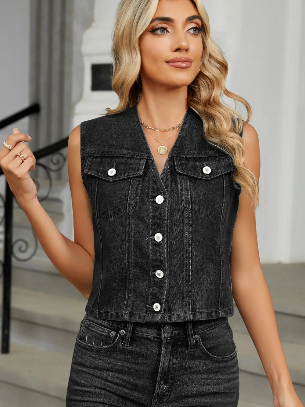 V-Neck Button Down Denim Vest – Trendsi | ClozArt