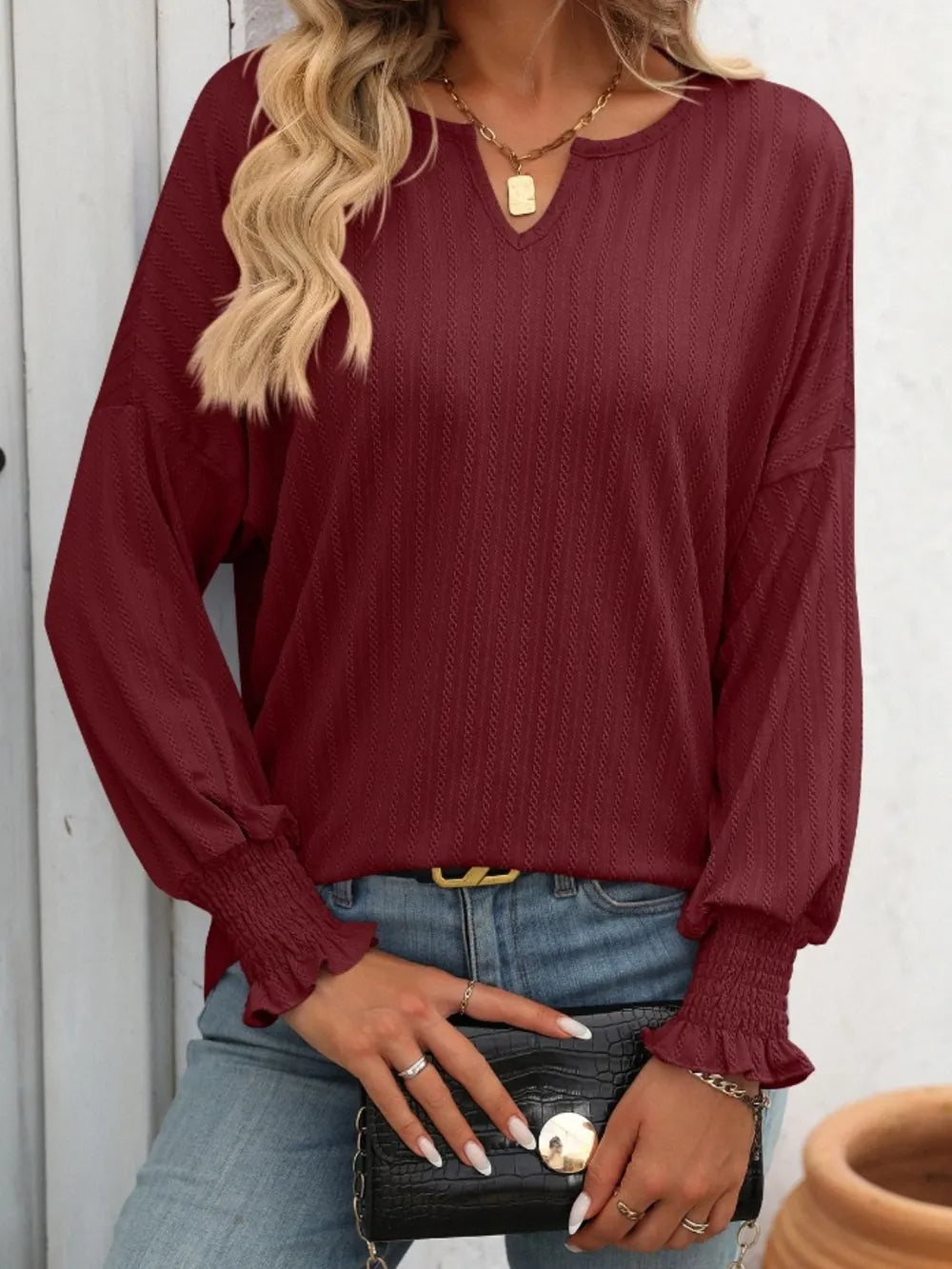 Mandy Textured Notched Lantern Sleeve T-Shirt – Trendsi | ClozArt