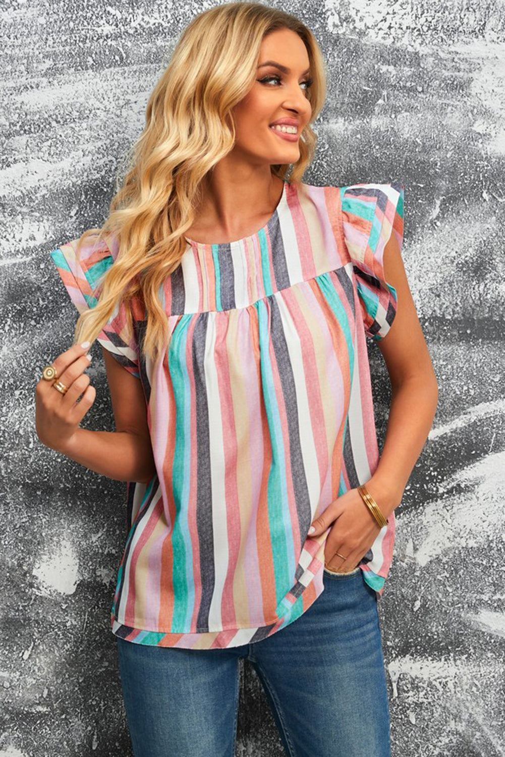 Multicolored Stripe Flutter Sleeve Blouse – Trendsi | ClozArt