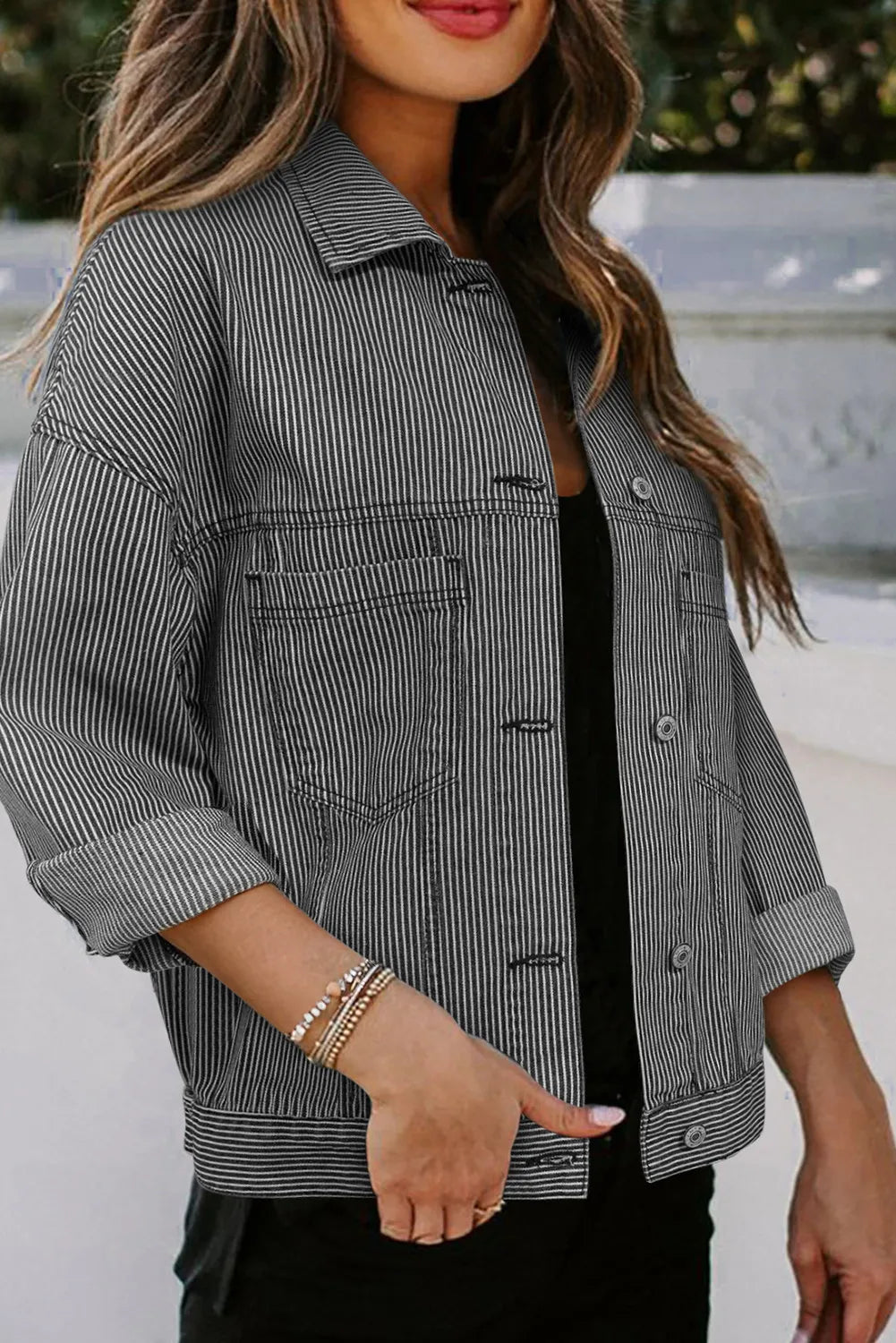 Striped Button Up Long Sleeve Denim Jacket – Trendsi | ClozArt