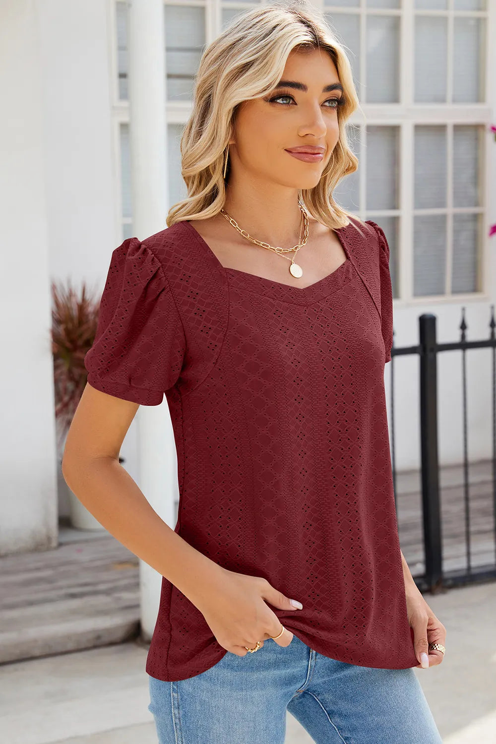 Eyelet Puff Sleeve T-Shirt – Trendsi | ClozArt