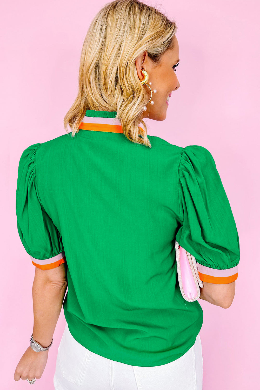 Bright Green Puff Sleeve Pop of Color Neckline Blouse – Shewin | ClozArt