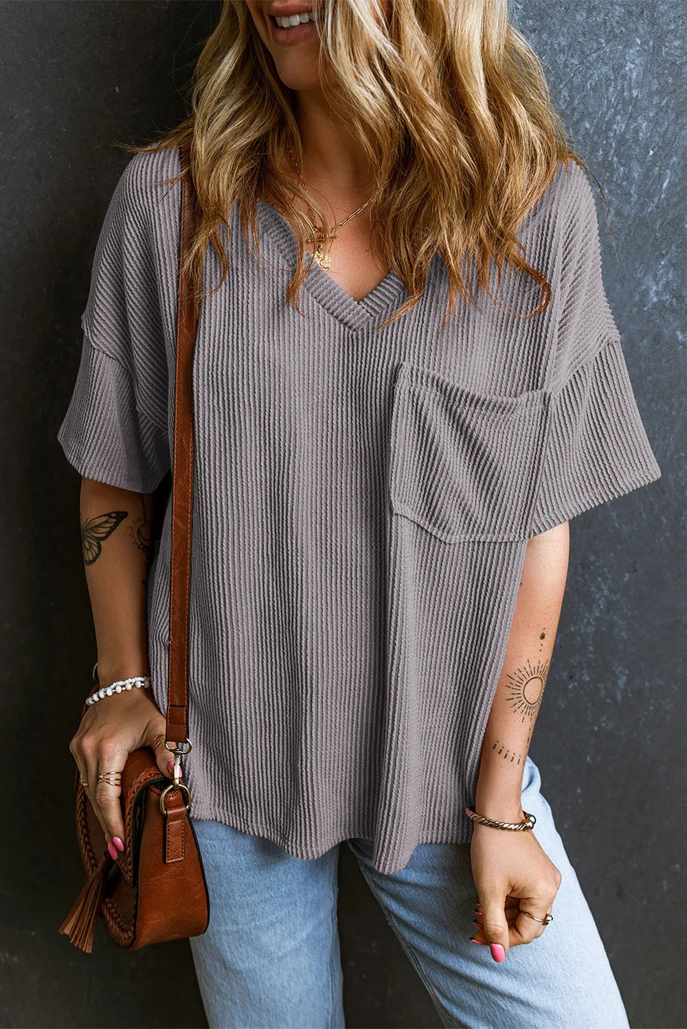 Textured V-Neck Dropped Shoulder T-Shirt – Trendsi | ClozArt