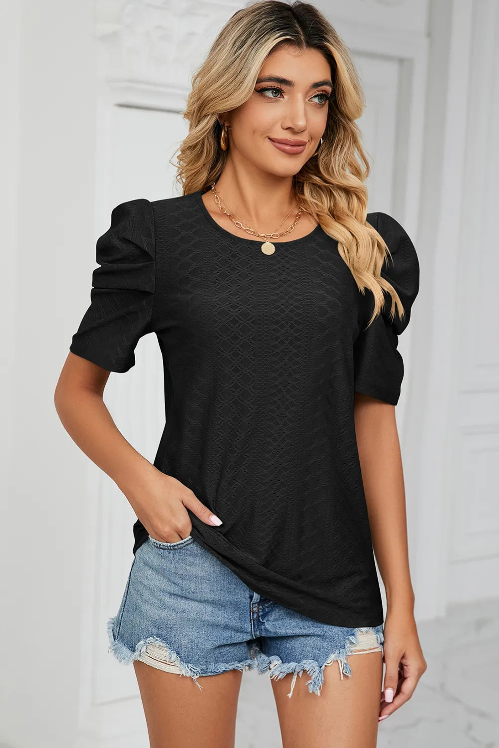 Eyelet Round Neck Puff Sleeve T-Shirt – Trendsi | ClozArt