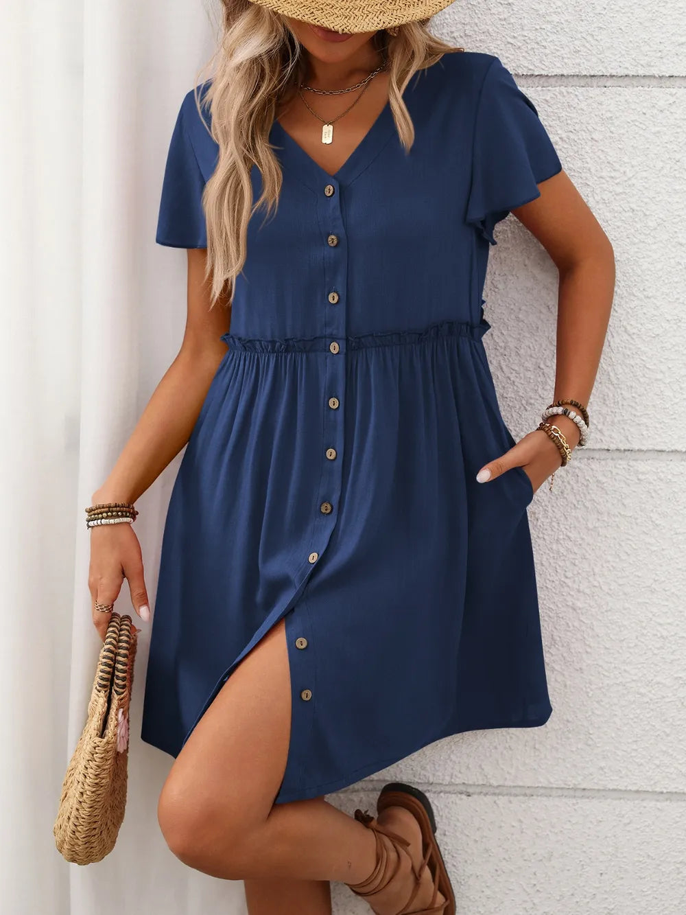 Button Front Flutter Sleeve Dress – Trendsi | ClozArt