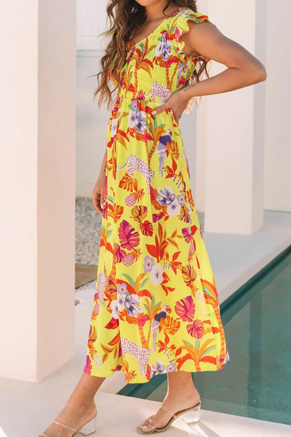 Cheetah Plant Print Shirred Button V Neck Maxi Dress – Trendsi | ClozArt