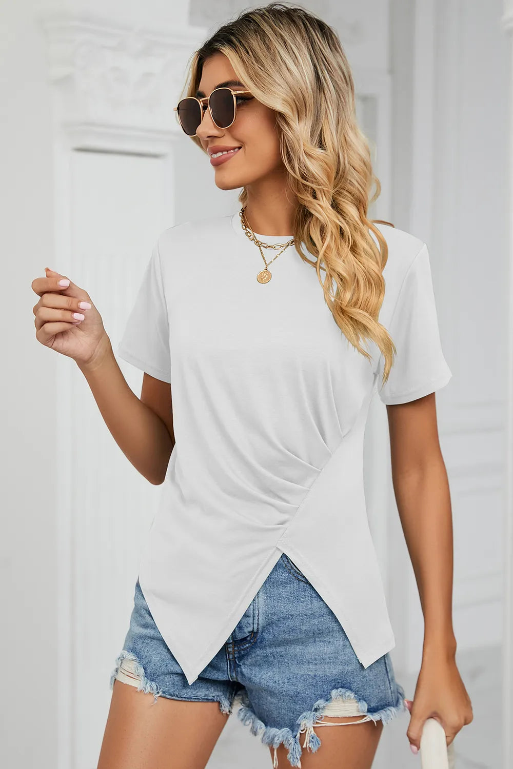 Ruched Round Neck Short Sleeve T-Shirt – Trendsi | ClozArt