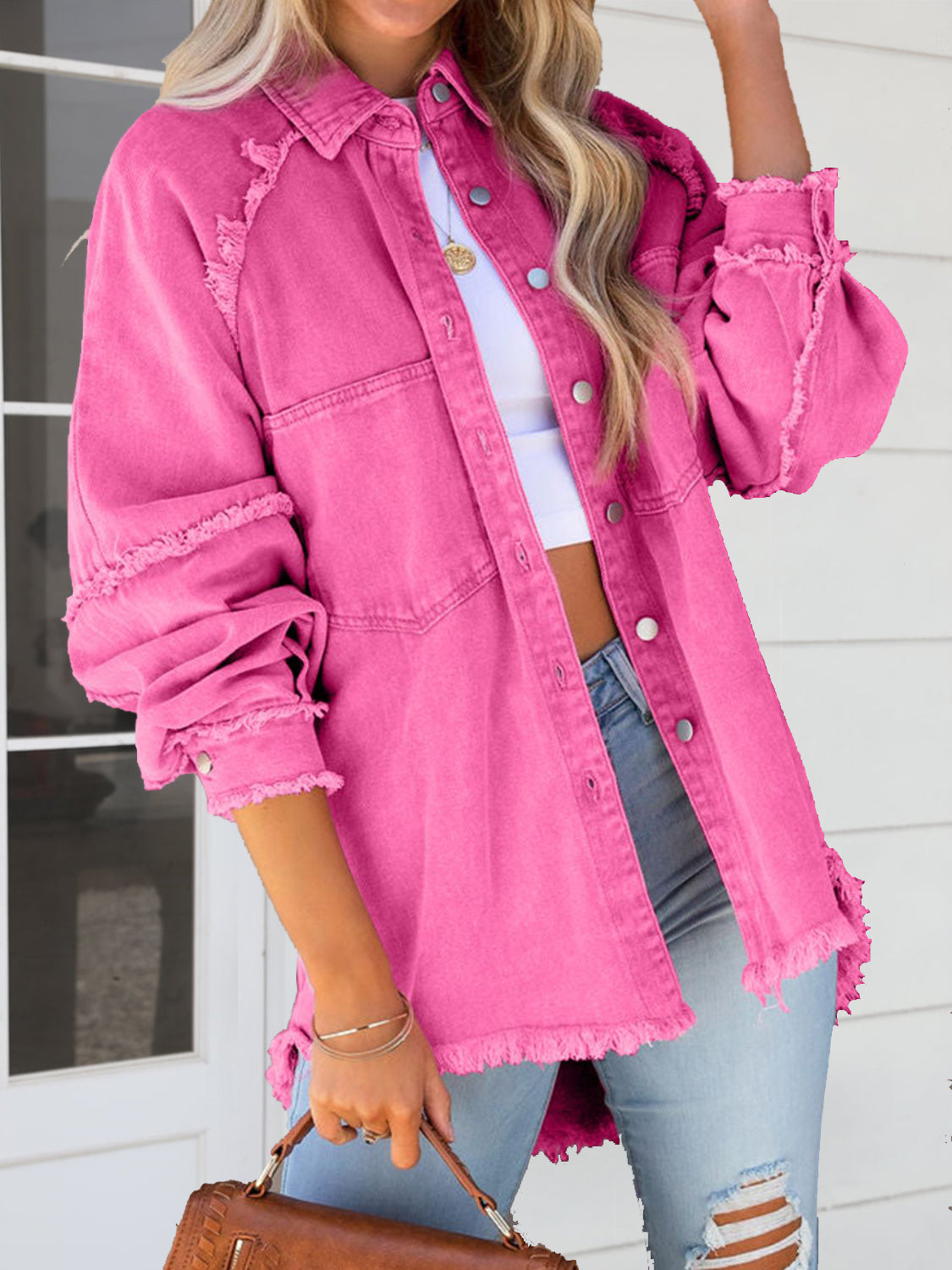 Button Down Raw Hem Denim Jacket – Trendsi | ClozArt