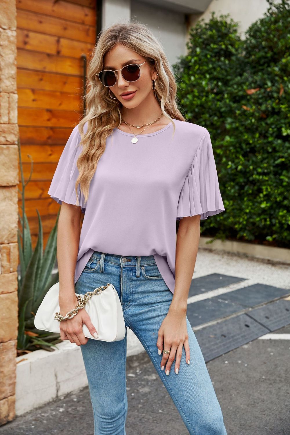 Pleated Flutter Sleeve Round Neck Blouse – Trendsi | ClozArt