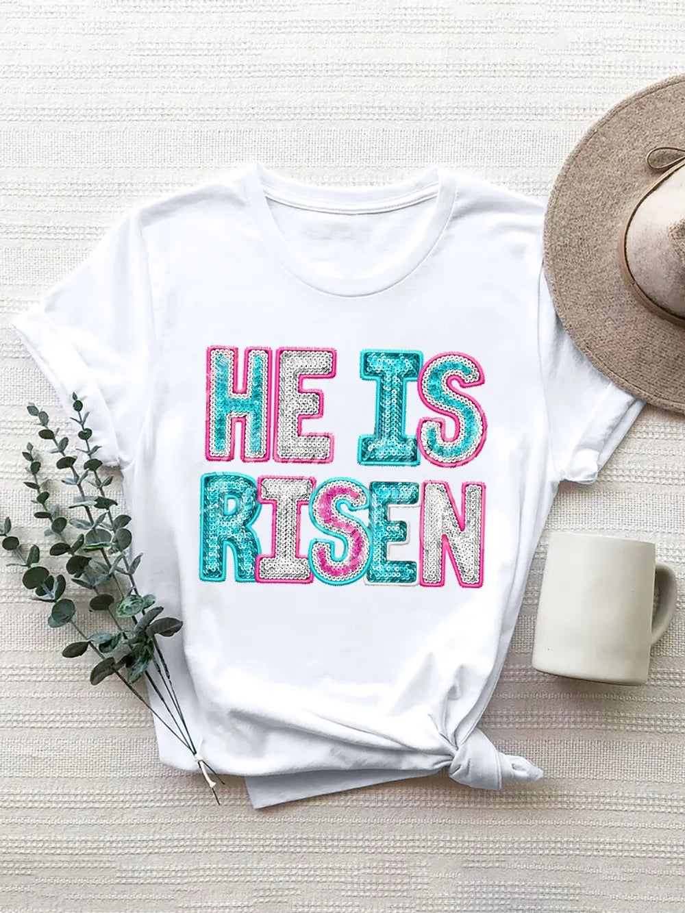 HE IS RISEN Sequin Round Neck T-Shirt – Trendsi | ClozArt