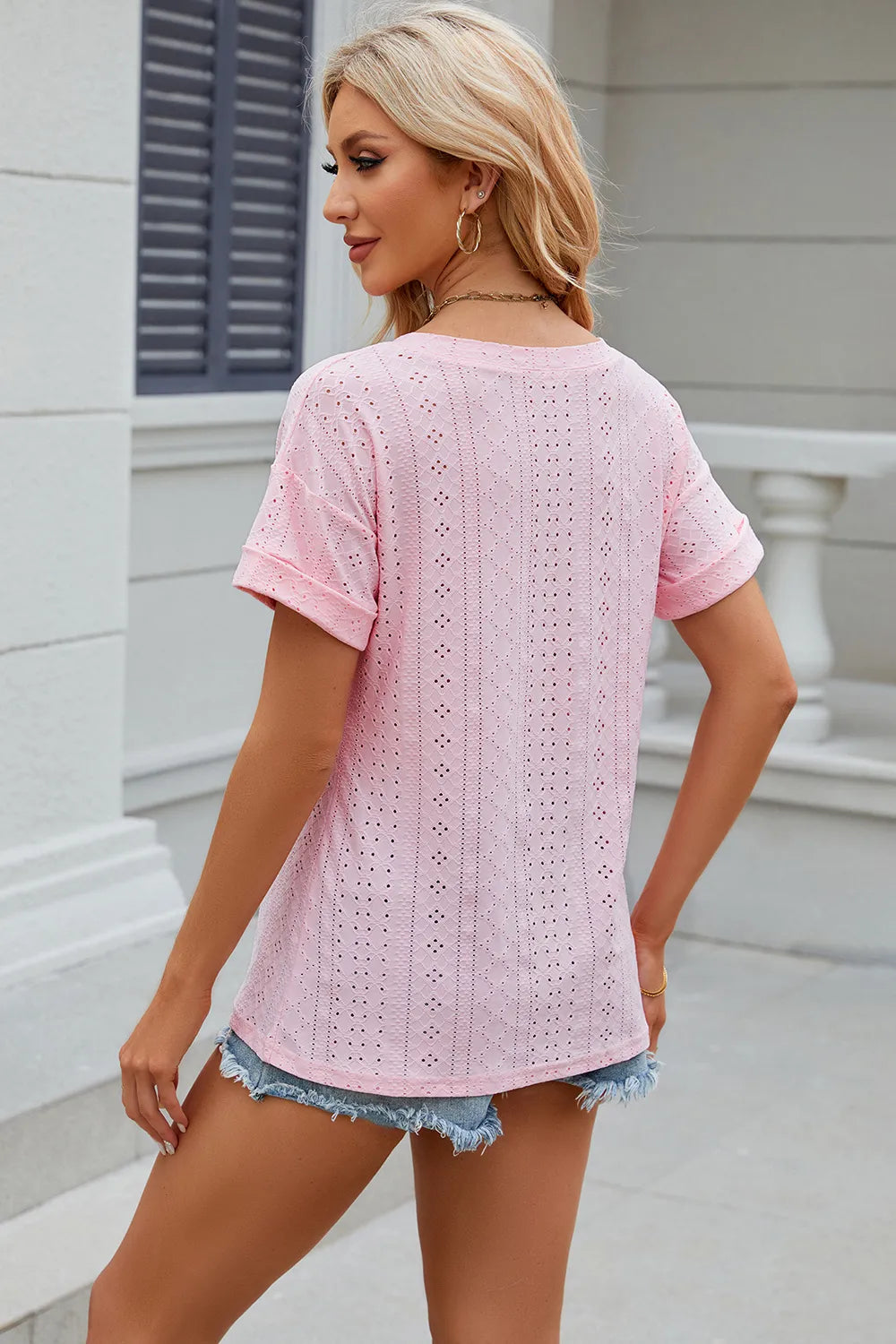 Eyelet V-Neck Short Sleeve T-Shirt – Trendsi | ClozArt