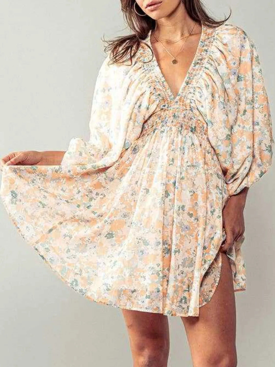 Floral V-Neck Balloon Sleeve Dress – Trendsi | ClozArt