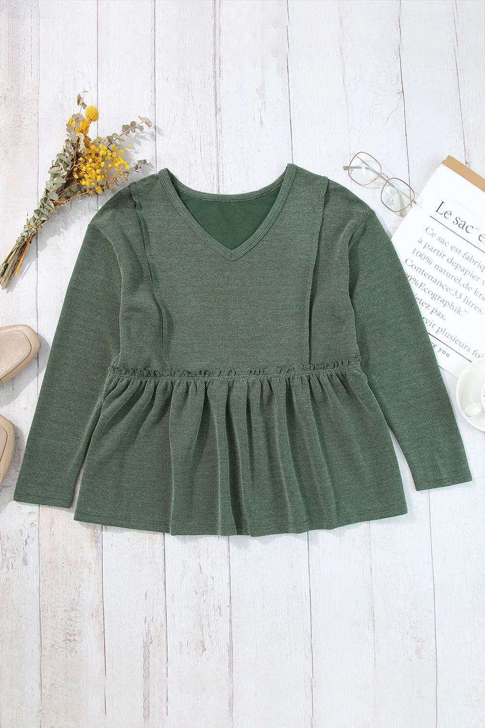 Peplum V-Neck Long Sleeve T-Shirt – Trendsi | ClozArt