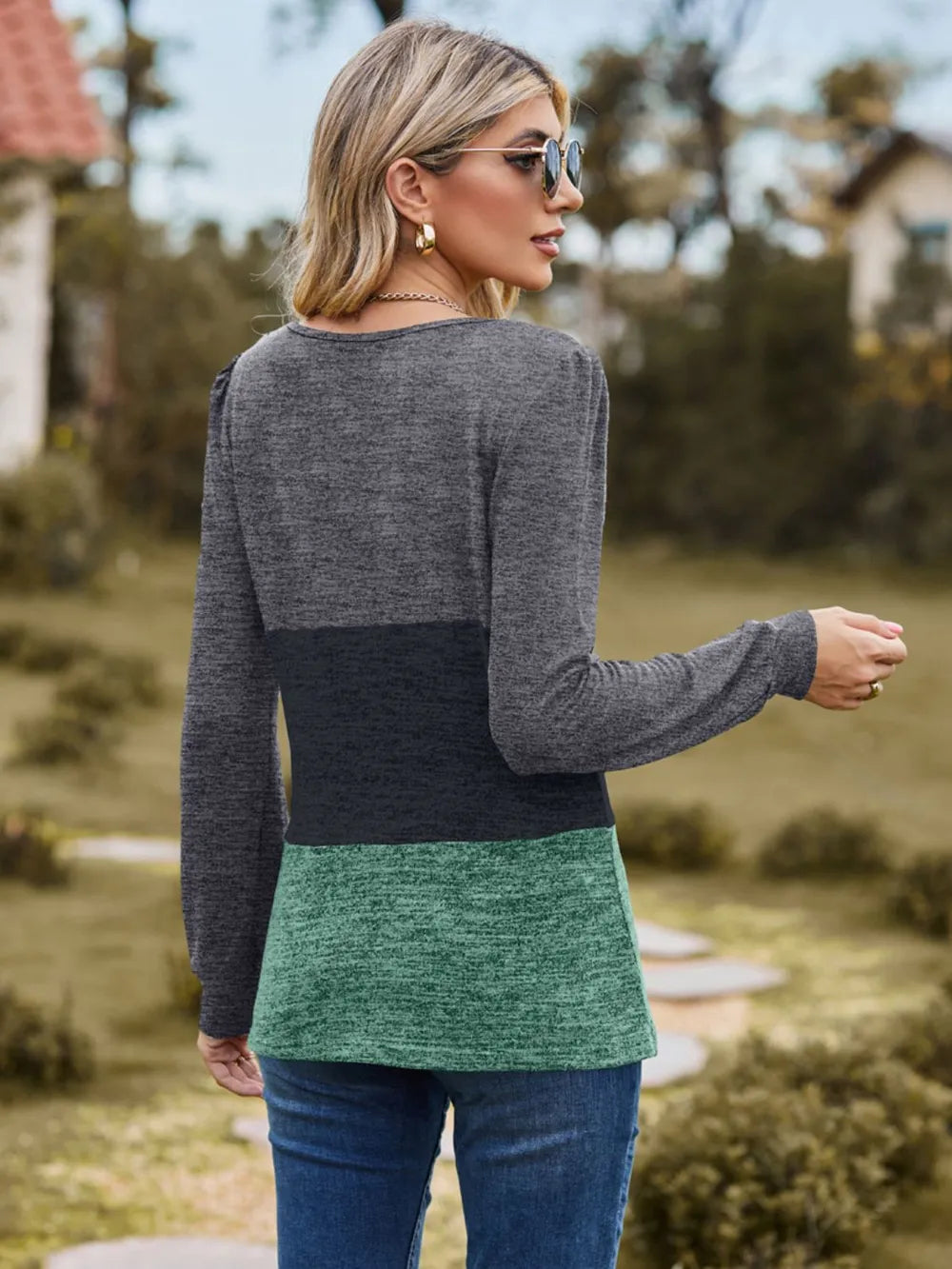 Color Block Square Neck Long Sleeve T-Shirt – Trendsi | ClozArt