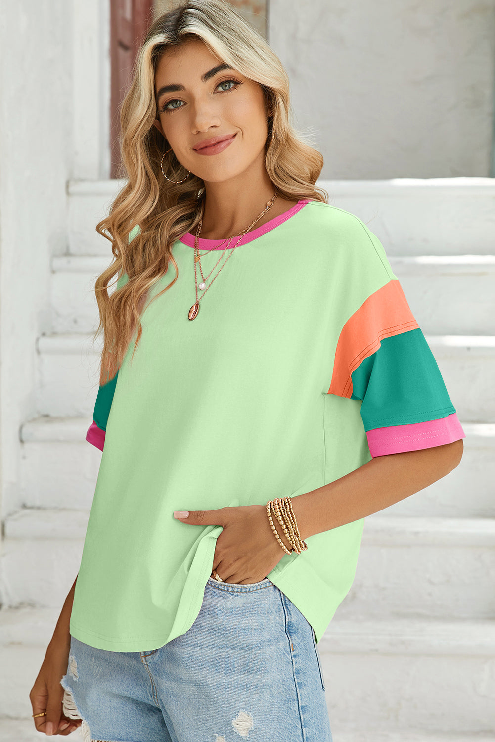 Pink Color Block Sleeve Round Neck Oversize Top – Shewin | ClozArt