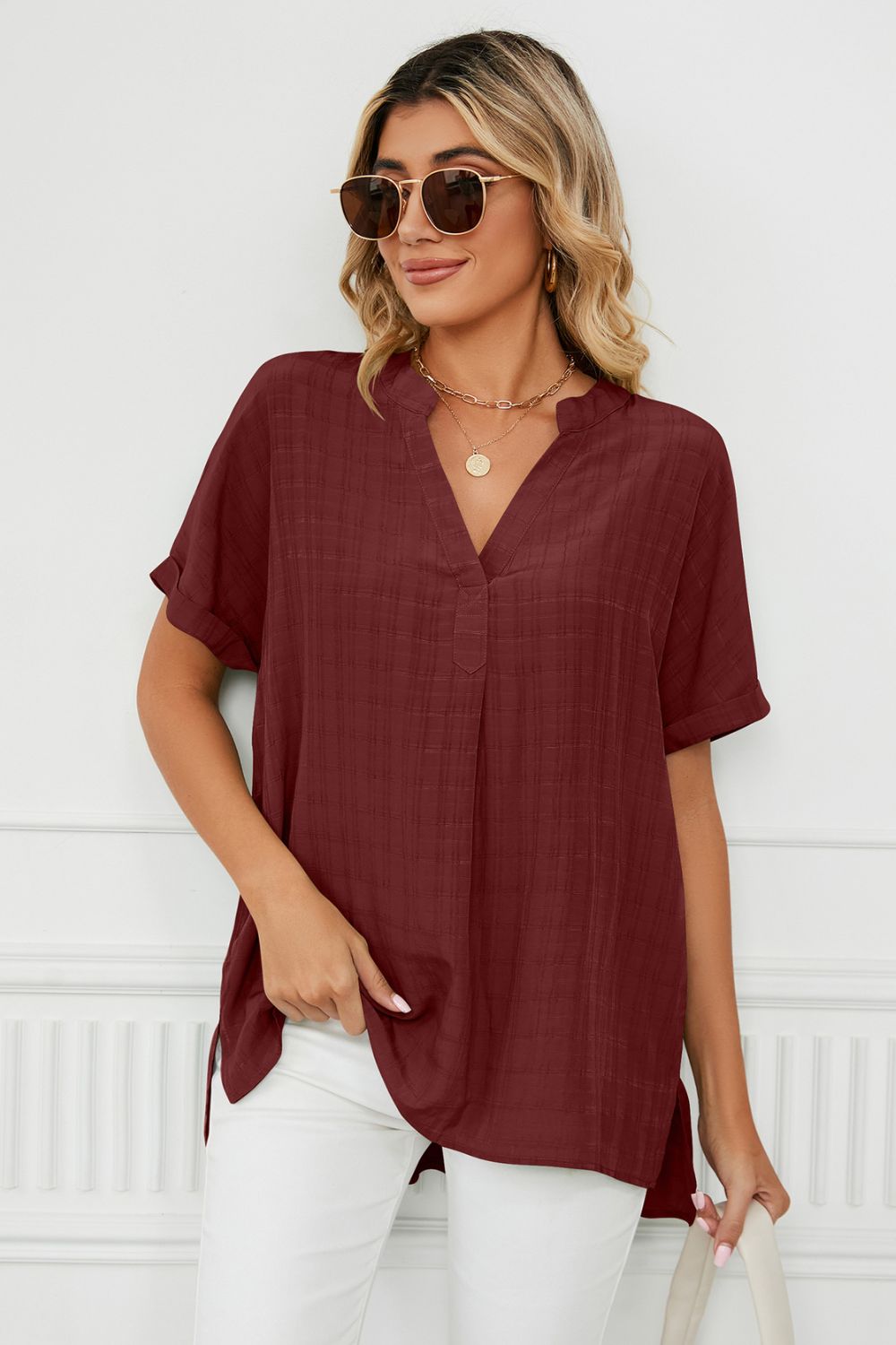 Side Slit Notched Neck Cuffed Short Sleeve Blouse – Trendsi | ClozArt