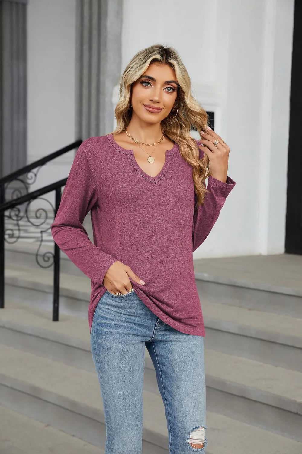 Notched Long Sleeve T-Shirt – Trendsi | ClozArt