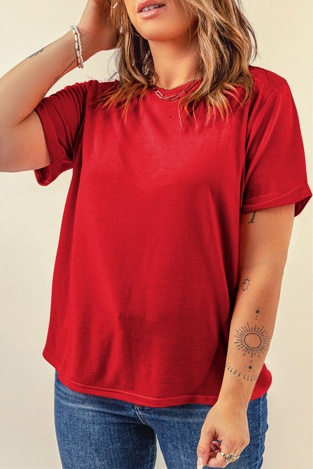 Red Solid Color Basic Crew Neck Plain Tee – Shewin | ClozArt