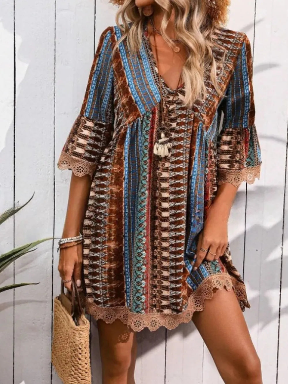 Lace Trim Printed V-Neck 3/4 Sleeve Dress – Trendsi | ClozArt