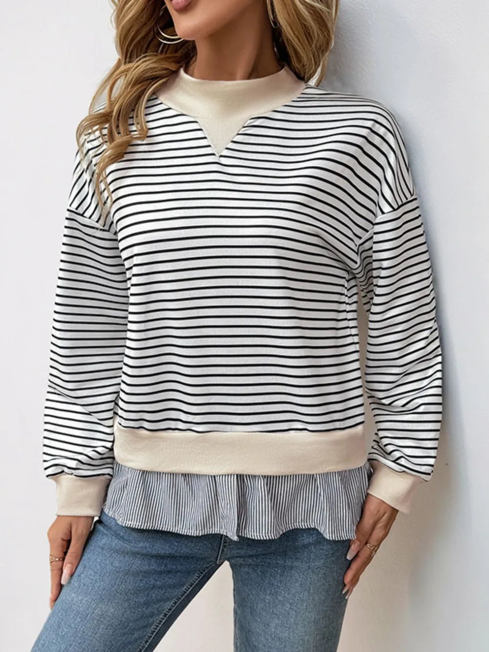 Perfee Faux Layered Striped Long Sleeve Sweatshirt – Trendsi | ClozArt
