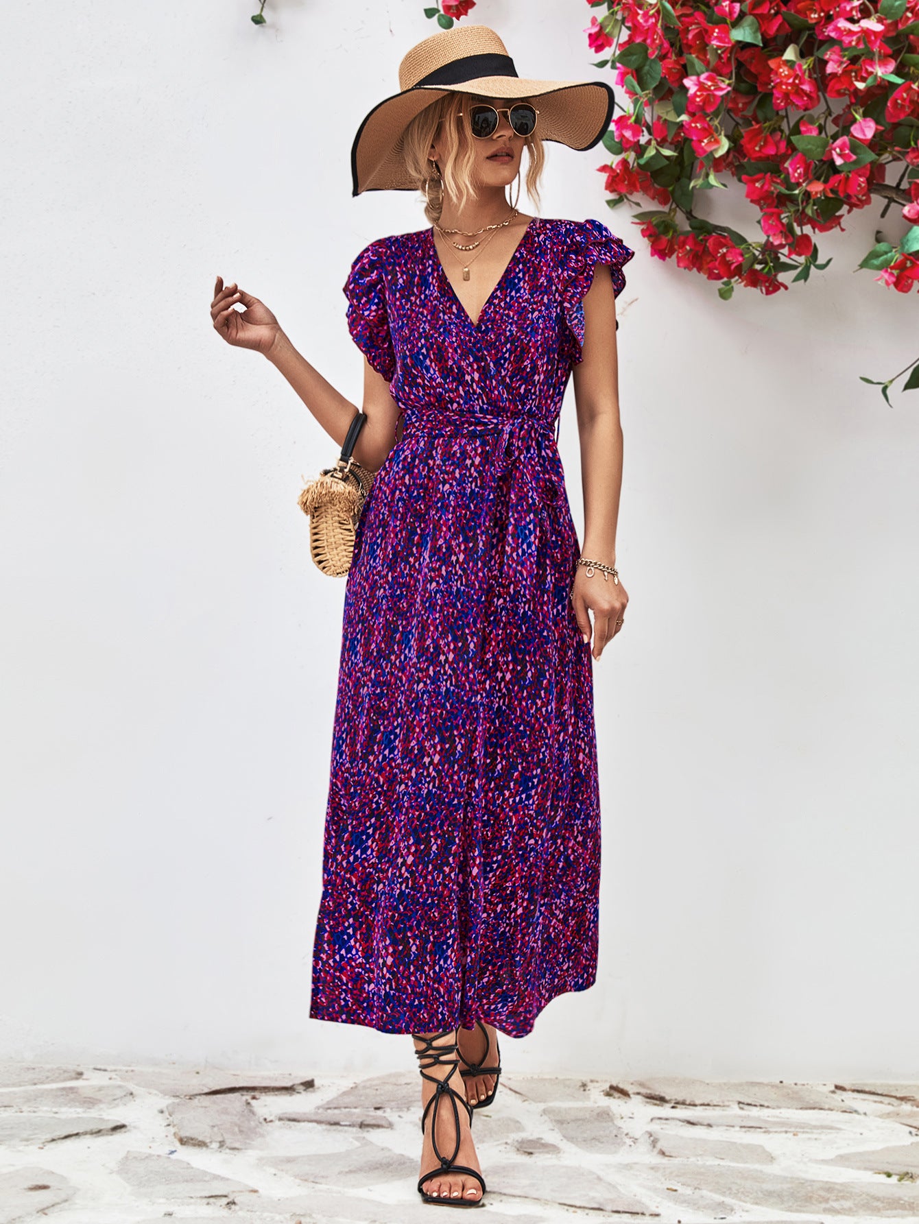 Printed Surplice Neck Flutter Sleeve Slit Dress – Trendsi | ClozArt