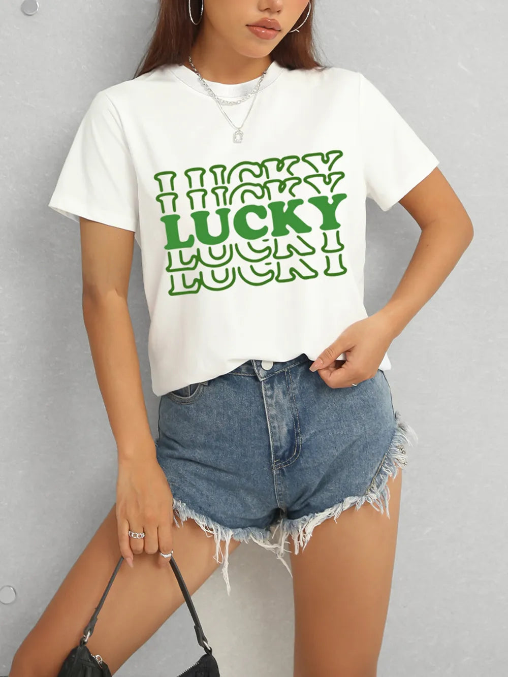 LUCKY Round Neck Short Sleeve T-Shirt – Trendsi | ClozArt