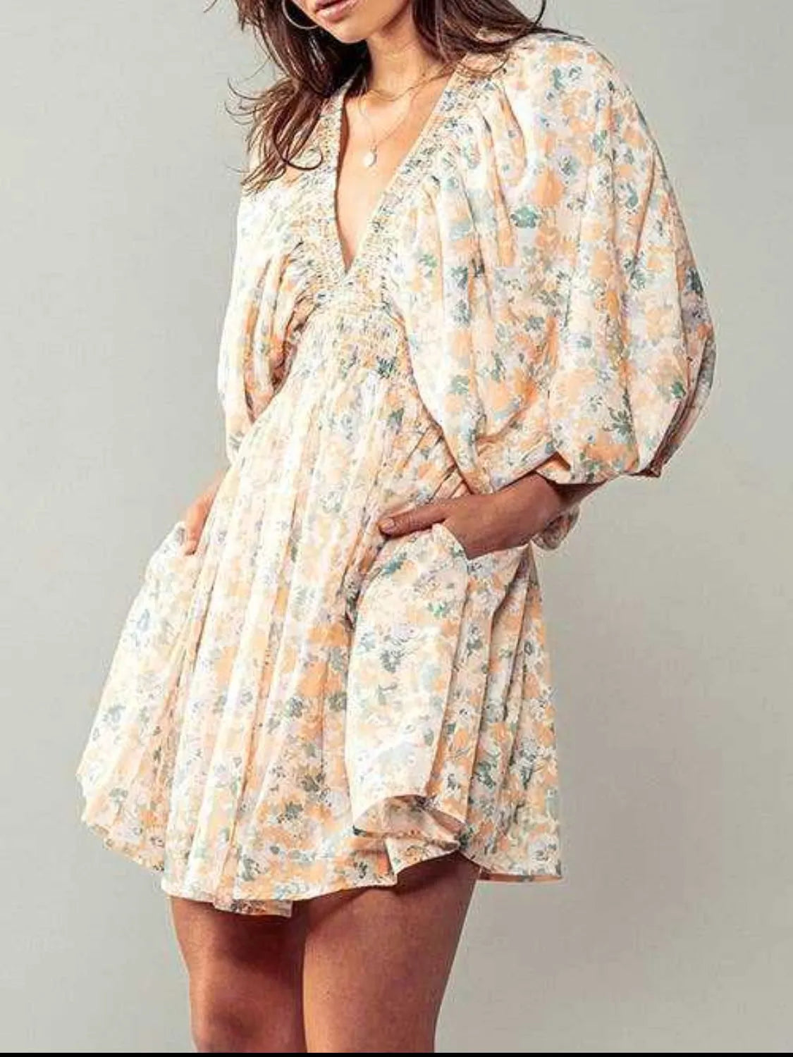 Floral V-Neck Balloon Sleeve Dress – Trendsi | ClozArt