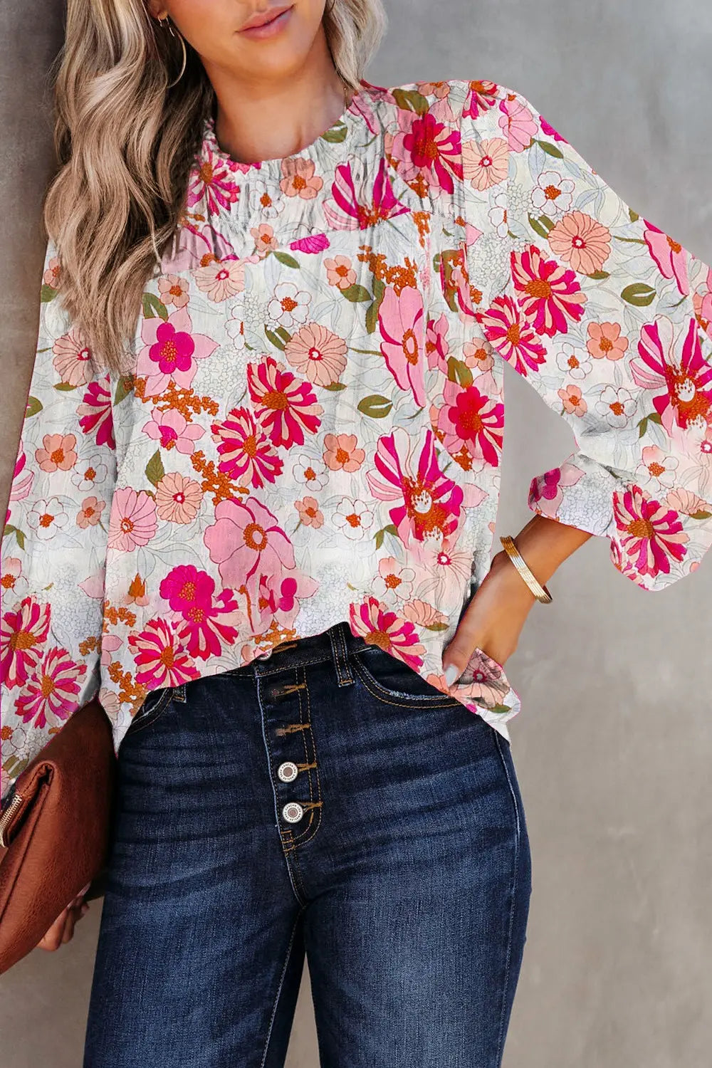 Floral Round Neck Balloon Sleeve Blouse – Trendsi | ClozArt