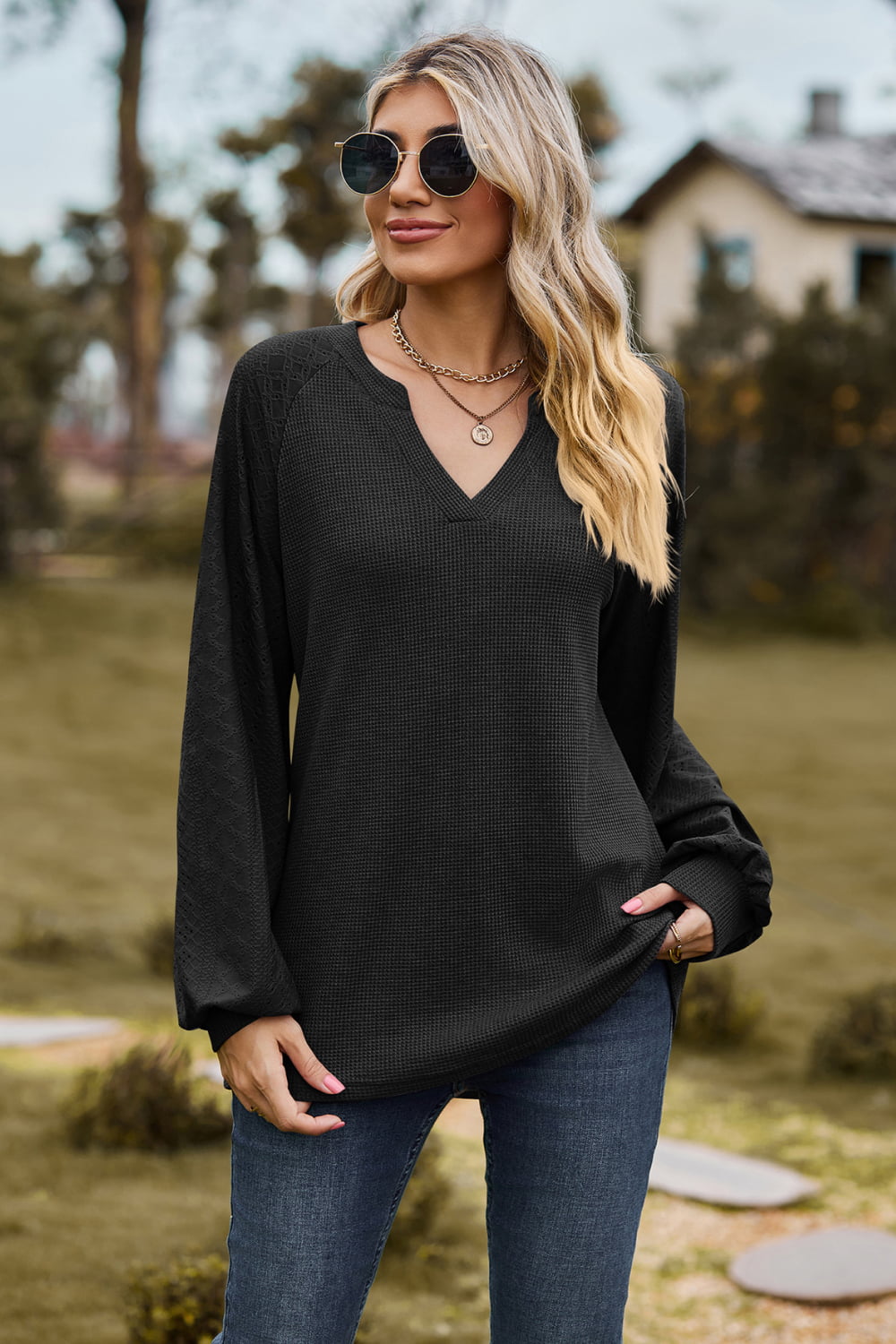 Notched Neck Raglan Sleeve Blouse – Trendsi | ClozArt
