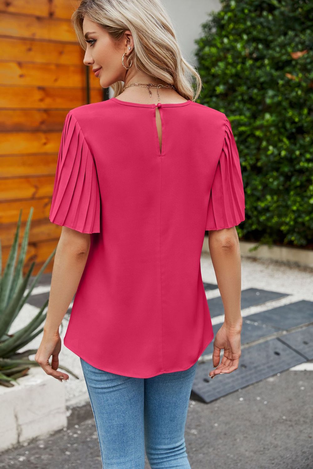 Pleated Flutter Sleeve Round Neck Blouse – Trendsi | ClozArt