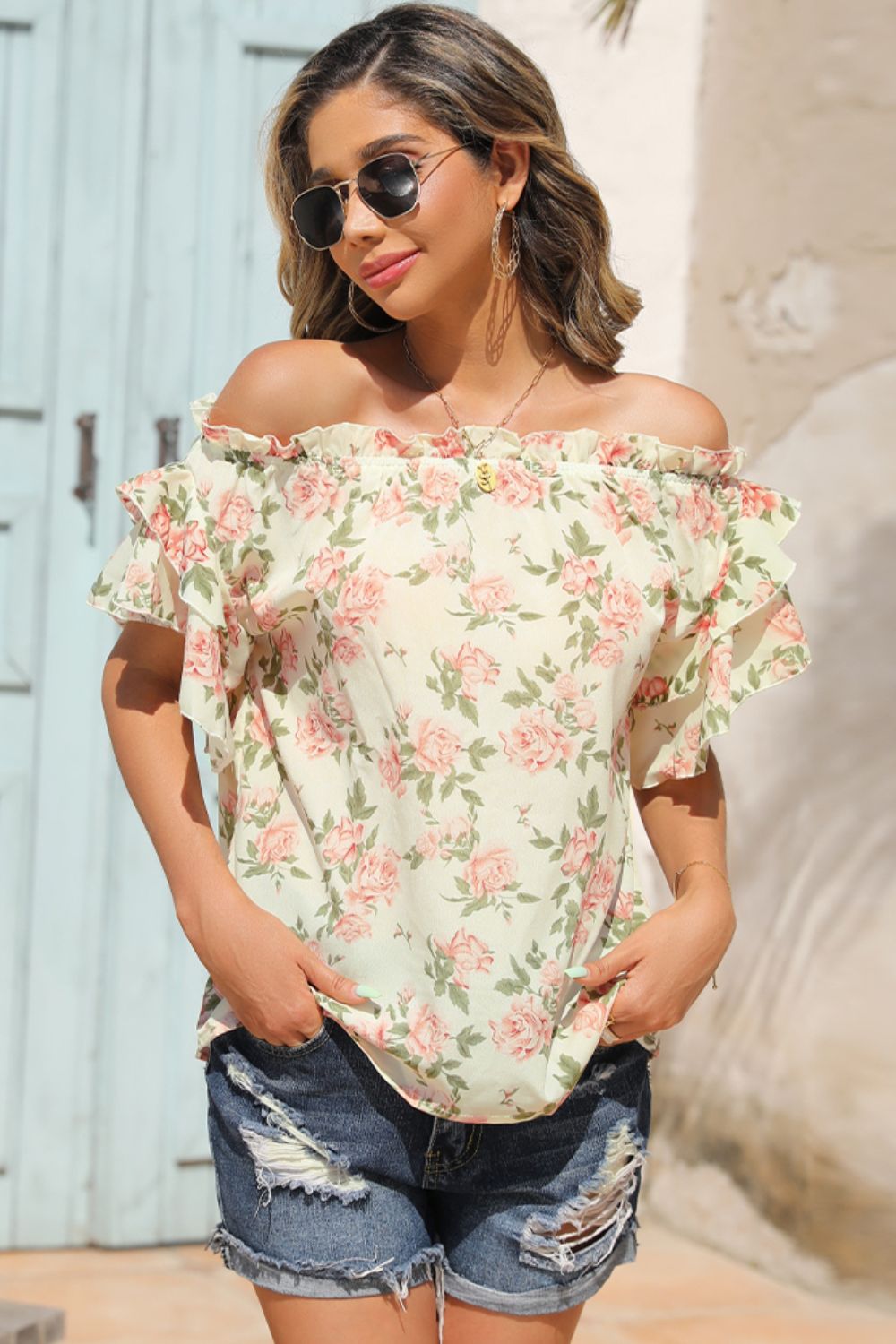 Shiny Floral Frill Trim Off-Shoulder Blouse – Trendsi | ClozArt