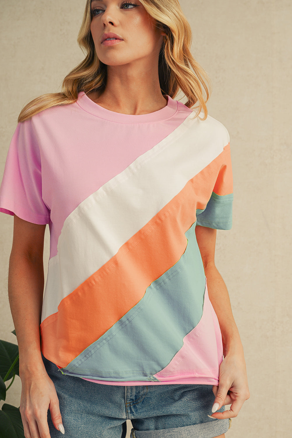 Pink Color Block Patchwork Seamed Crewneck T Shirt – Shewin | ClozArt