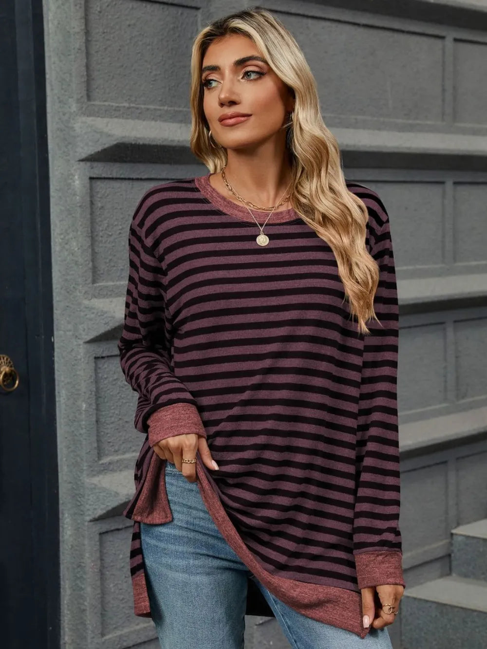 Striped Round Neck Long Sleeve T-Shirt – Trendsi | ClozArt