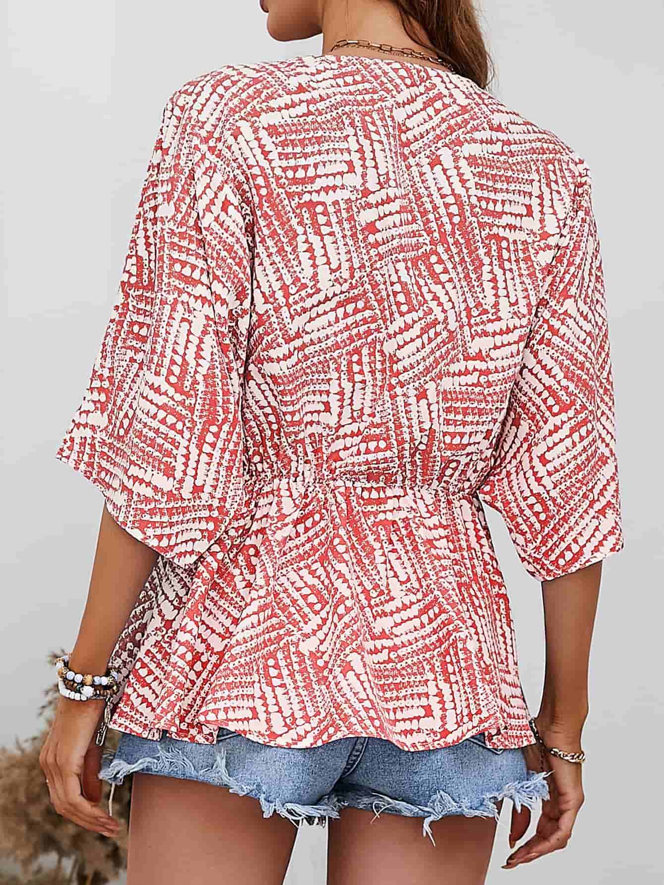 Printed V-Neck Dolman Sleeve Blouse – Trendsi | ClozArt
